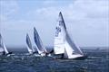 David Gibb and John Bailey on Lupicus NZL112 tack across the fleet after start of race 4 of Flying Dutchman Australian Championship, with Matt Draper and Thomas Stuchbery on Freight Train AUS001 and Russell Denholm and Andrew Keen on Beast AUS321 hiking