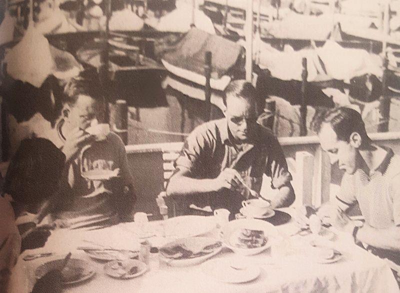 Charles Currey (with cup to lips) and International 14 friends discussing the shape of a future performance dinghy which would become the FD photo copyright Austin Farrar Collection / David Chivers taken at  and featuring the Flying Dutchman class