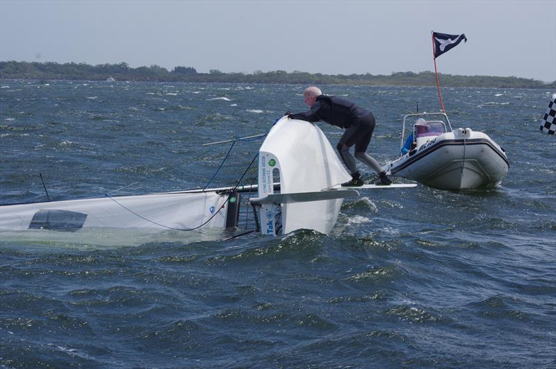 Blu Tak was in the water for an hour with lines and sails tangled, but the crew of Darren Hocking and Gary Cameron drifted her through the finish line before seeking help - Flying Dutchman Australian Championship 2026 - photo © Jeanette Severs