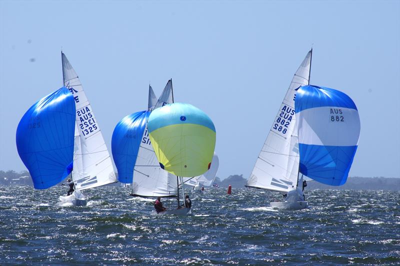 David Ham and Flynn Buckley on Green Eggs and Ham AUS32 sail head of the fast-finishing Etchells fleet, towards the finish line and a sixth place in race four of the Flying Dutchman 2026 Australian Championship - photo © Jeanette Severs