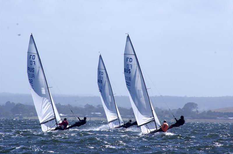 After race 4 start of Flying Dutchman Australian Championship, the lead boats hiking were David Ham and Flynn Buckley on Green Eggs and Ham AUS32, Matt Draper and Thomas Stuchbery on Freight Train AUS001 and Russell Denholm and Andrew Keen on Beast AUS321 - photo © Jeanette Severs