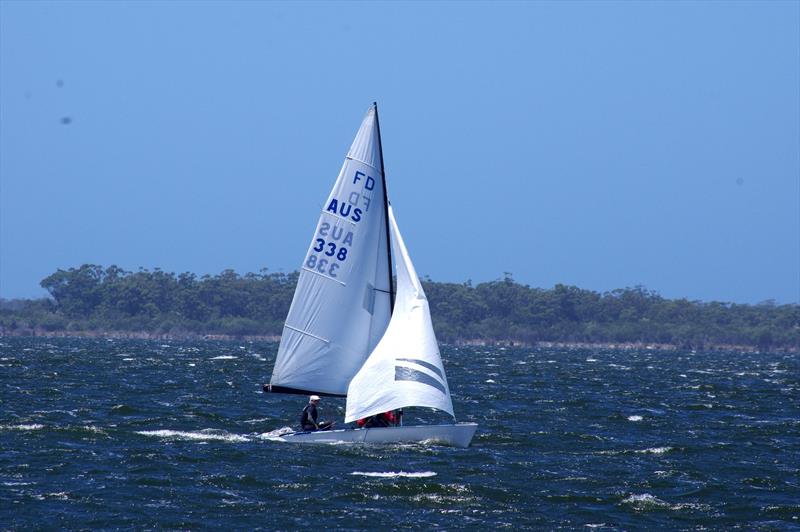 Gary Cameron and Darren Hocking on Blu Tak AUS338 sailed the second downwind leg without a spinnaker, in race five of the Flying Dutchman 2026 Australian championship regatta - photo © Jeanette Severs