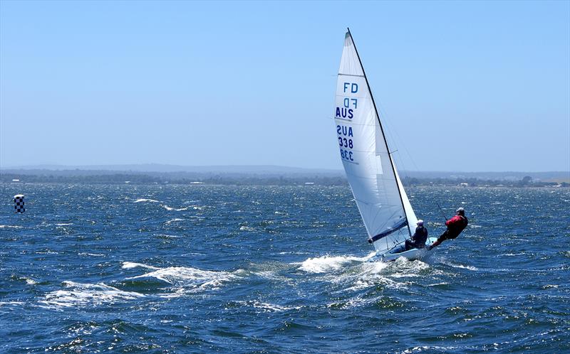Gary Cameron and Darren Hocking on Blu Tak AUS338 won race one convincingly in the Flying Dutchman 2026 Australian championship regatta – which garnered them the prestigious Albert Gold Cup photo copyright Jeanette Severs taken at Metung Yacht Club and featuring the Flying Dutchman class
