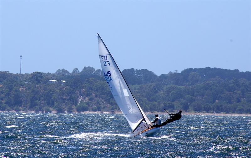 Rafe Heale uses all his experience to maximise speed and Tom Watson hikes out on Power AUS7 at the start of race six, for the Flying Dutchman 2026 Australian championship, held at Metung, Victoria, Australia photo copyright Jeanette Severs taken at Metung Yacht Club and featuring the Flying Dutchman class