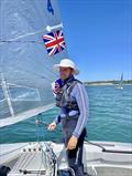 Cameron Tweedle between races in Hayling Bay during the 2023 UK Finn Nationals