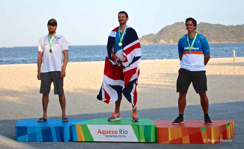 Finn Podium (l-r) Tapio Nirkko (2nd), Giles Scott (1st) & Pieter-Jan Postma (3rd) at the Aquece Rio – International Sailing Regatta - photo © Robert Deaves