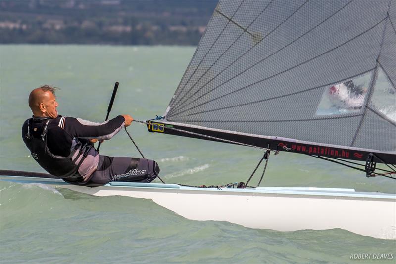 Botond Berecz, a.k.a The Hun on day two of the 2017 Opel Finn Gold Cup at Lake Balaton photo copyright Robert Deaves taken at Spartacus Sailing Club and featuring the Finn class