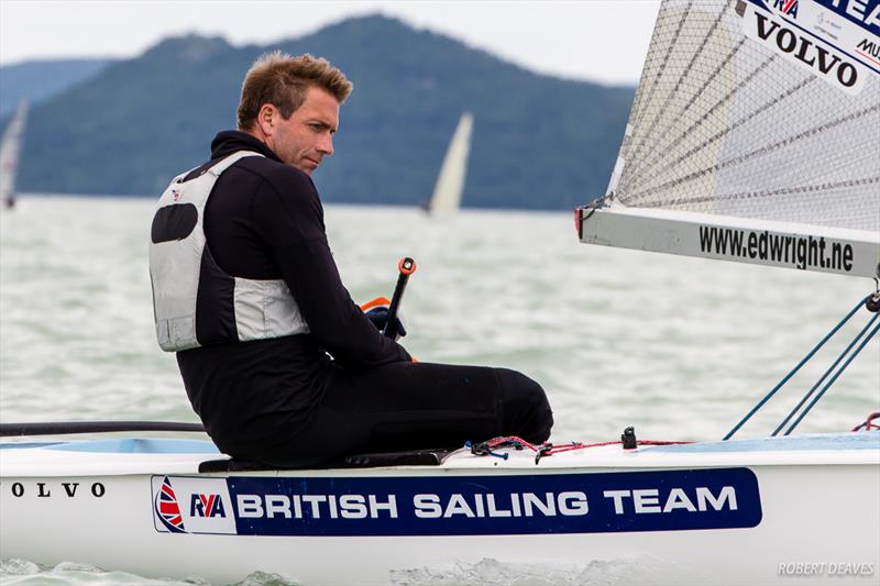 Ed Wright on day three of the 2017 Opel Finn Gold Cup at Lake Balaton photo copyright Robert Deaves taken at Spartacus Sailing Club and featuring the Finn class