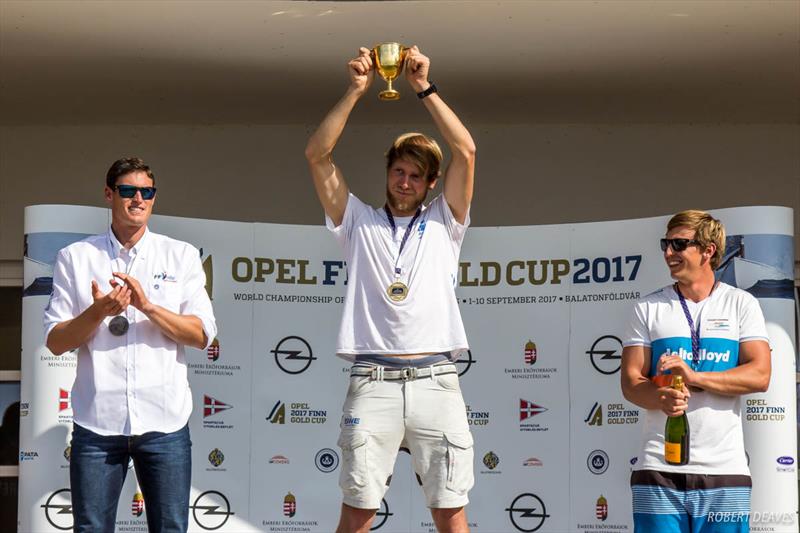 (l-r) Jonathan Lobert, Max Salminen, Nicholas Heiner at the 2017 Opel Finn Gold Cup at Lake Balaton photo copyright Robert Deaves taken at Spartacus Sailing Club and featuring the Finn class