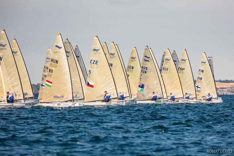 Start of Yellow Group on day 1 of Hempel Sailing World Championships Aarhus 2018 photo copyright Robert Deaves taken at Sailing Aarhus and featuring the Finn class