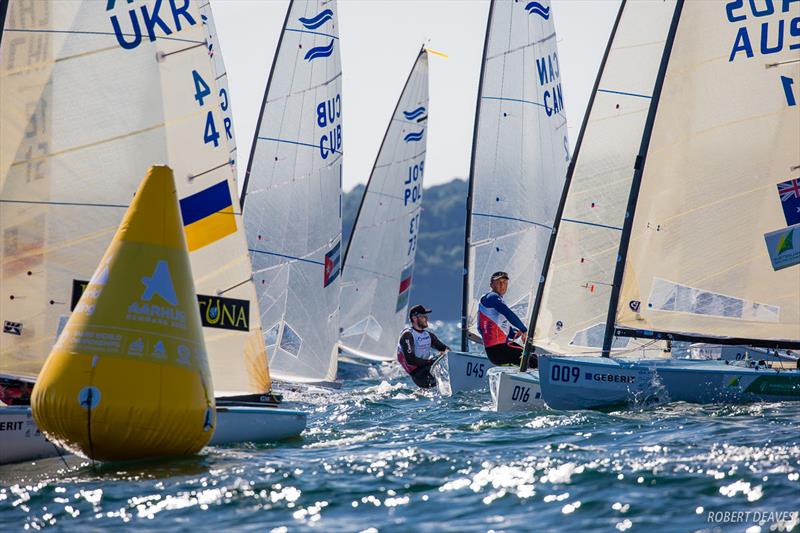 Top mark in Race 1  on day 1 of Hempel Sailing World Championships Aarhus 2018 photo copyright Robert Deaves taken at Sailing Aarhus and featuring the Finn class