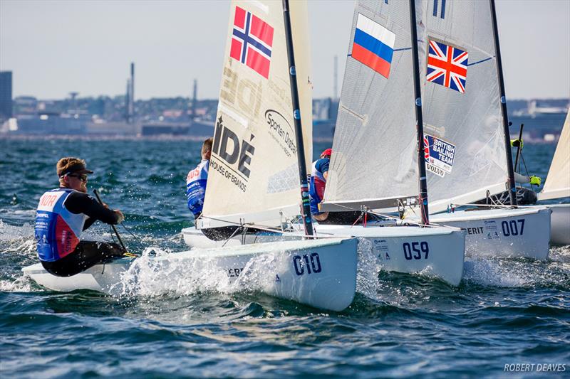 Anders Pedersen leads a small group on day 1 of Hempel Sailing World Championships Aarhus 2018 photo copyright Robert Deaves taken at Sailing Aarhus and featuring the Finn class