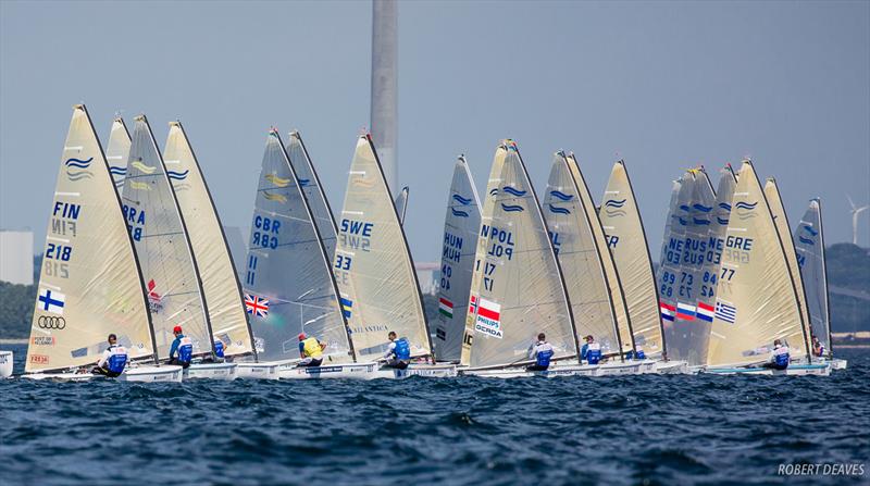 Start of Race 8 on day 5 of the Finn Gold Cup at the Hempel Sailing World Championships, Aarhus, Denmark photo copyright Robert Deaves taken at Sailing Aarhus and featuring the Finn class