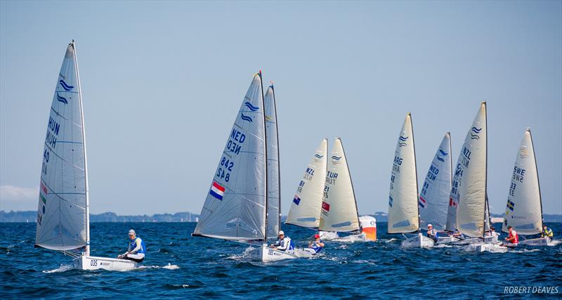 Fleet still tight at the finish of the Finn class Medal Race at the 2018 Hempel Sailing World Championships Aarhus - photo © Robert Deaves