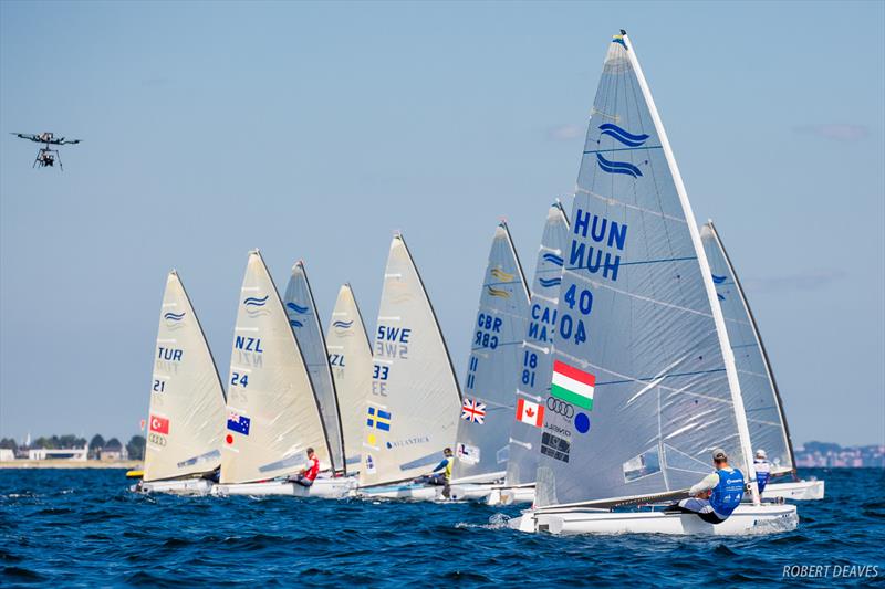 Out of the start of the Finn class Medal Race at the 2018 Hempel Sailing World Championships Aarhus photo copyright Robert Deaves taken at Sailing Aarhus and featuring the Finn class