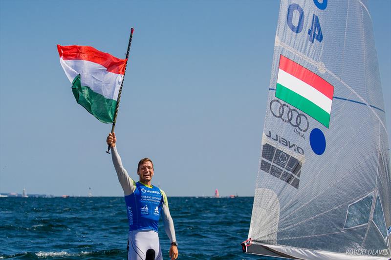 Berecz celebrating after the finish of the Finn class Medal Race at the 2018 Hempel Sailing World Championships Aarhus photo copyright Robert Deaves taken at Sailing Aarhus and featuring the Finn class