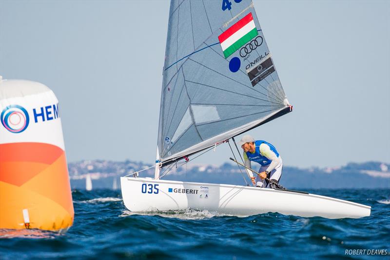 Berecz leads through the gate during the Finn class Medal Race at the 2018 Hempel Sailing World Championships Aarhus photo copyright Robert Deaves taken at Sailing Aarhus and featuring the Finn class