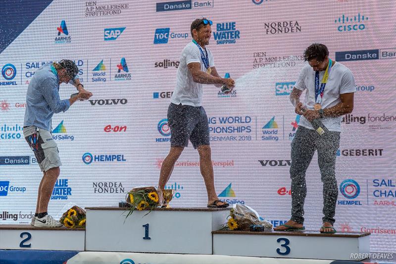 Max Salminen, Zsombor Berecz and Pieter-Jan Postma - Finn Gold Cup podium at the 2018 Hempel Sailing World Championships Aarhus - photo © Robert Deaves