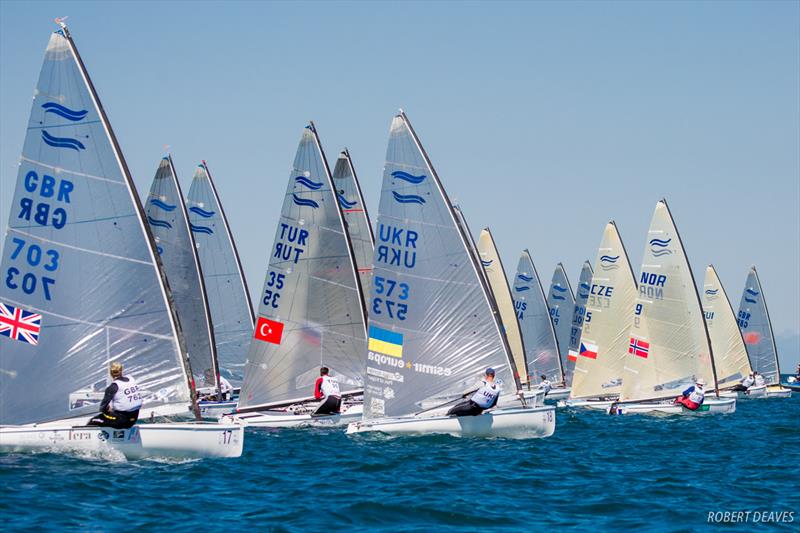 Race 1 start on day 1 of the Finn Silver Cup in Koper photo copyright Robert Deaves taken at  and featuring the Finn class