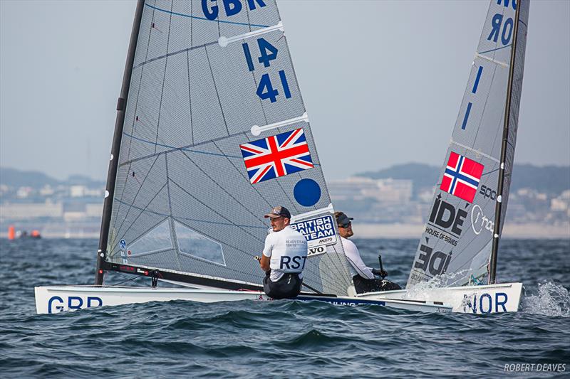 Giles Scott crosses Anders Pedersen - Ready Steady Tokyo, day 5 photo copyright Robert Deaves taken at  and featuring the Finn class