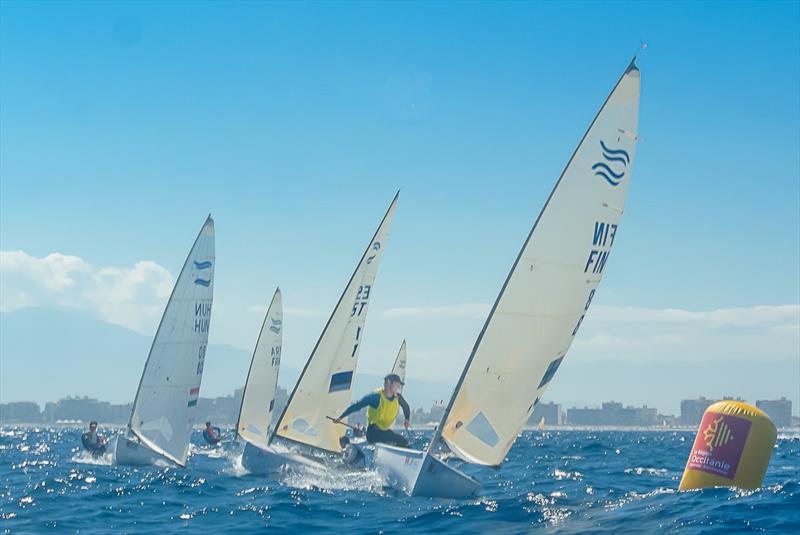 Oskari Muhonen leads at the top mark on 2020 Finn Silver Cup day 3 photo copyright Marie Bernoit taken at  and featuring the Finn class