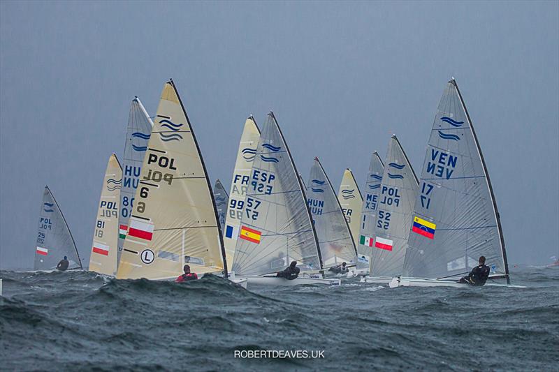 Race 1 starts on day 1 of the Finn Europeans in Gdynia, Poland photo copyright Robert Deaves taken at  and featuring the Finn class