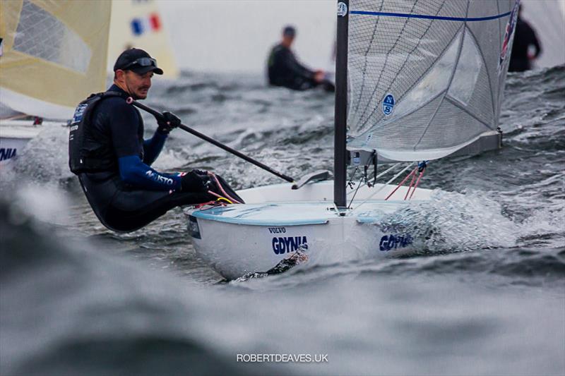 Giles Scott on day 1 of the Finn Europeans in Gdynia, Poland photo copyright Robert Deaves taken at  and featuring the Finn class