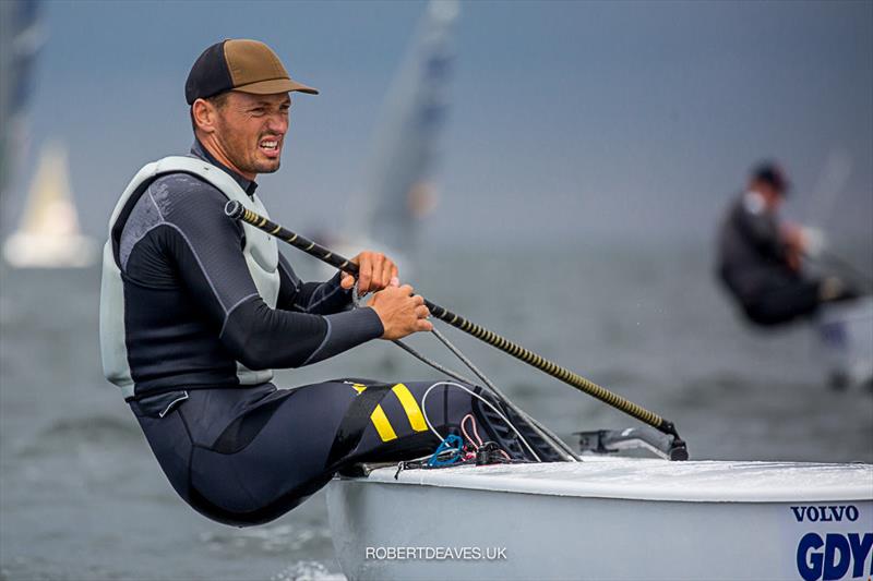 Zsombor Berecz on day 3 of the Finn Europeans in Gdynia, Poland photo copyright Robert Deaves taken at  and featuring the Finn class