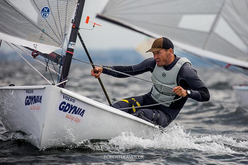 Zsombor Berecz on day 4 of the Finn Europeans in Gdynia, Poland photo copyright Robert Deaves taken at  and featuring the Finn class