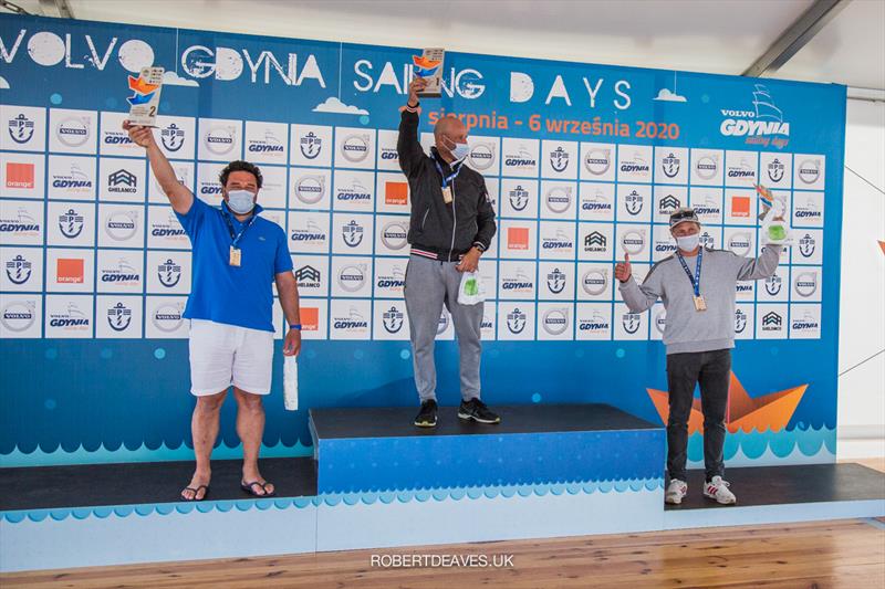 Masters podium at the Finn Europeans in Gdynia, Poland photo copyright Robert Deaves taken at  and featuring the Finn class