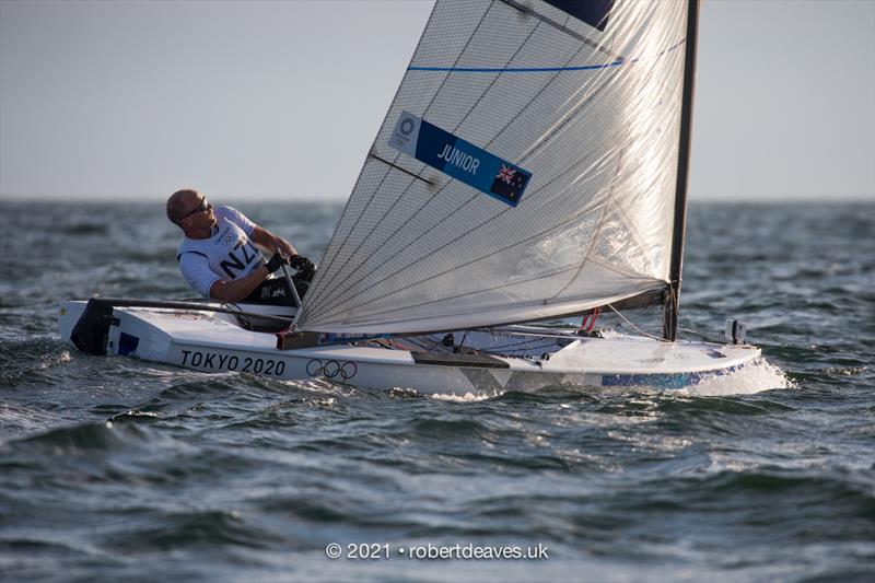 Josh Junior, NZL, on the first day of Finn class racing at the Tokyo 2020 Olympic Sailing Competition photo copyright Robert Deaves / www.robertdeaves.uk taken at  and featuring the Finn class