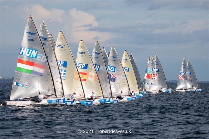 Start of race 2 on the first day of Finn class racing at the Tokyo 2020 Olympic Sailing Competition - photo © Robert Deaves / www.robertdeaves.uk