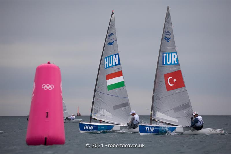 Kaynar leads Berecz on the first day of Finn class racing at the Tokyo 2020 Olympic Sailing Competition - photo © Robert Deaves / www.robertdeaves.uk