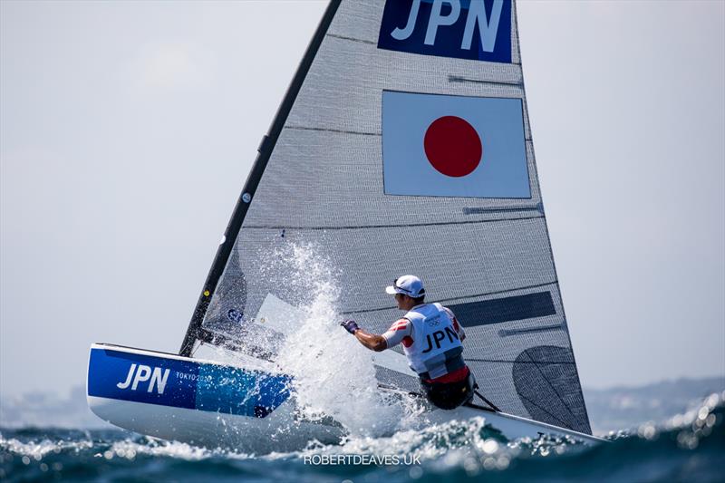 Kazu Segawa (JPN) on the second day of Finn class racing at the Tokyo 2020 Olympic Sailing Competition photo copyright Robert Deaves / www.robertdeaves.uk taken at  and featuring the Finn class
