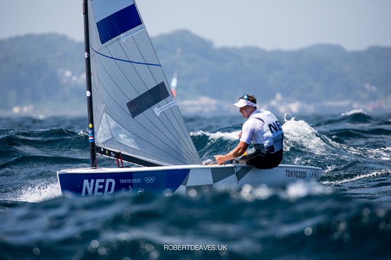 Nicholas Heiner (NED) on the second day of Finn class racing at the Tokyo 2020 Olympic Sailing Competition photo copyright Robert Deaves / www.robertdeaves.uk taken at  and featuring the Finn class