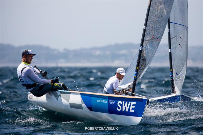 Max Salminen, SWE - Struggling so far and never gives up but has a 22 point deficit to third, so a lot of work to do at the Tokyo 2020 Olympic Sailing Competition photo copyright Robert Deaves / www.robertdeaves.uk taken at  and featuring the Finn class