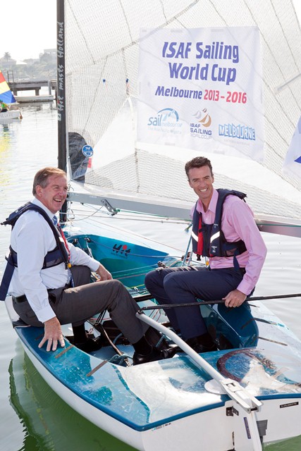 Melbourne wins bid to host ISAF Sailing World Cup 2013 - 2016 (l to r) Nick Green and Minister Delahunty photo copyright SDP Media taken at  and featuring the Finn class