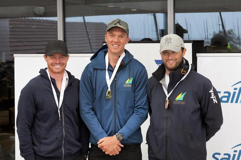 Finn podium Tom Slingsby, Jake Lilley, Oliver Tweddell - Sail Melbourne International 2017 photo copyright Gordon Hyde taken at Royal Brighton Yacht Club and featuring the Finn class