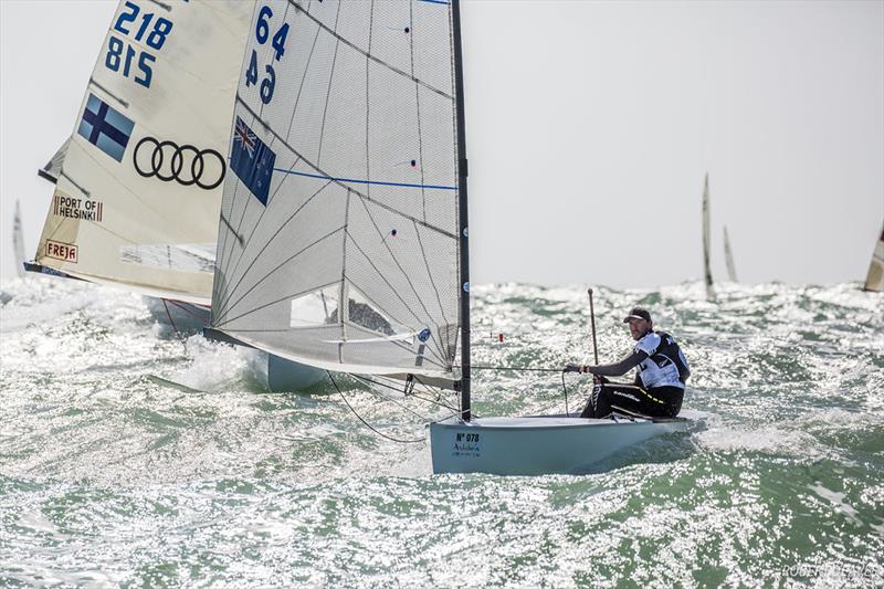 Downwind in the abandoned Race 8 on day 4 of Finn European Championship at Cádiz, Spain photo copyright Robert Deaves taken at  and featuring the Finn class