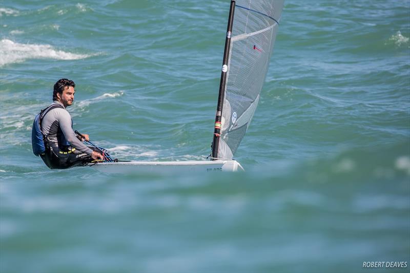 Victor Gorostegui leads round the top mark - 2018 Finn European Championship at Cádiz, Spain photo copyright Robert Deaves taken at  and featuring the Finn class