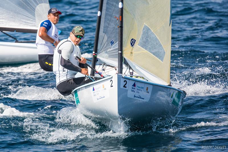 Jake Lilley leads Henry Wetherell - 2018 World Cup Series Hyères Day 2 photo copyright Robert Deaves taken at  and featuring the Finn class