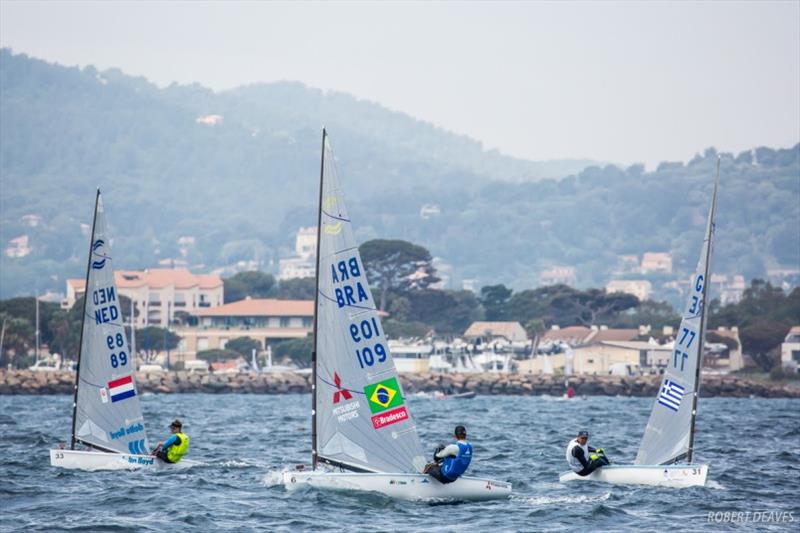 Jorge Zarif leads up the first beat – World Cup Series Hyères Day 6 photo copyright Robert Deaves taken at  and featuring the Finn class