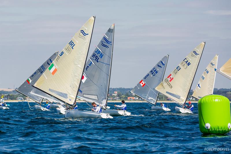 Downwind in race 2 on day 2 of Hempel Sailing World Championships Aarhus 2018 photo copyright Robert Deaves taken at Sailing Aarhus and featuring the Finn class