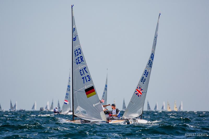 Lars Haverland and Cameron Tweddle on day 2 of Hempel Sailing World Championships Aarhus 2018 photo copyright Robert Deaves taken at Sailing Aarhus and featuring the Finn class