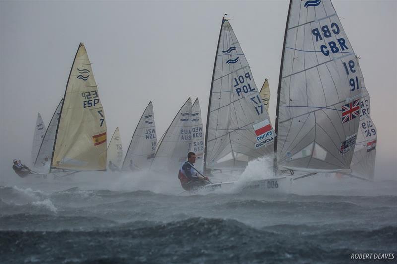 Squall hits fleet in Race 10 - 2018 Hempel Sailing World Championships Aarhus photo copyright Robert Deaves taken at  and featuring the Finn class