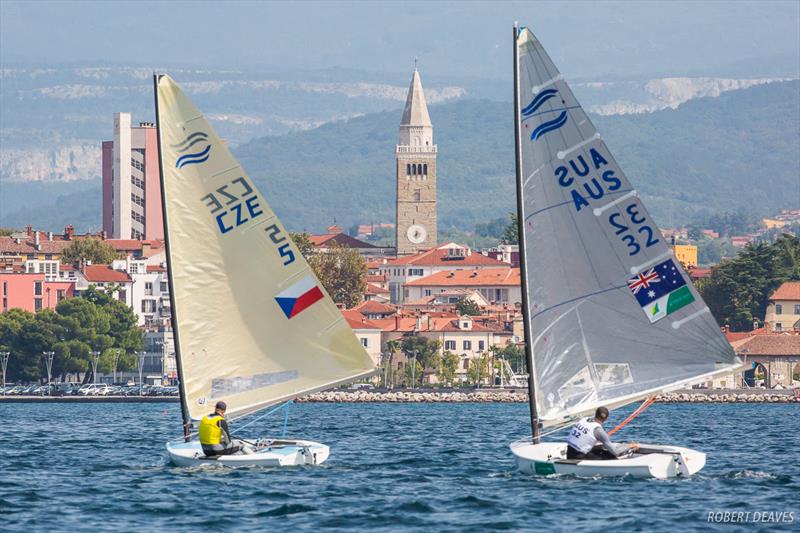 Ondrej Teply (CZE) and Jock Calvert (AUS) sailing towards Koper on day 3 of the Finn Silver Cup photo copyright Robert Deaves taken at  and featuring the Finn class