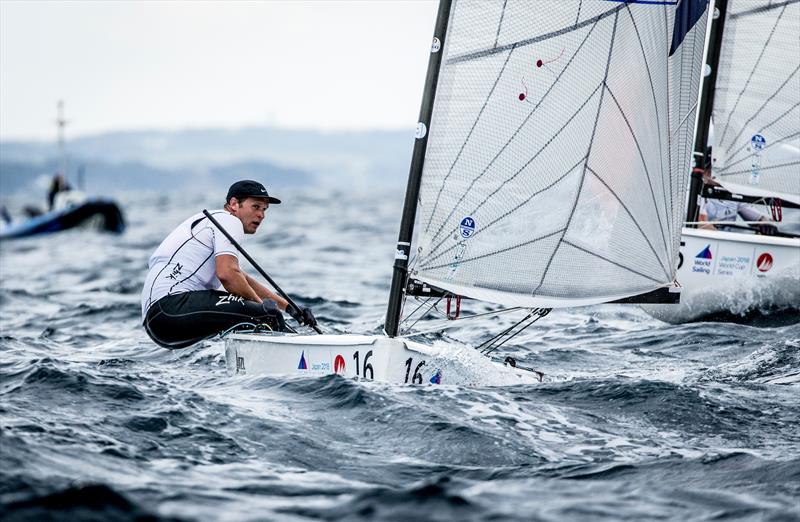 Josh Junior (NZL) sailing in the Finn class on Day 1 of the Sailing World Cup, Enoshima photo copyright Sailing Energy taken at  and featuring the Finn class