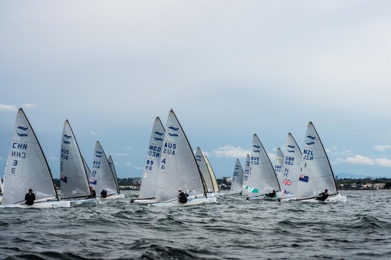 Finn fleet - 2018 Sail Melbourne International, Day 1 photo copyright Beau Outteridge taken at Royal Brighton Yacht Club and featuring the Finn class