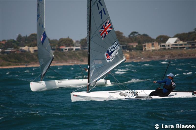 Andy Maloney and Henry Wetherell enjoy the Black Rock waves - Ronstan Australian Finn Championship, Day 1 - photo © Lara Blasse