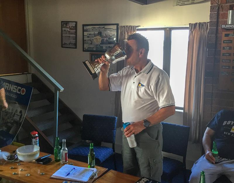 Dave first in to help empty the Craig Monk Cup...honouring a class legend - Olympic bronze medallist and the first (only) man to bench press a Finn  - 2019 Finn Class Masters, Waiuku YC photo copyright Karl Purdie taken at  and featuring the Finn class